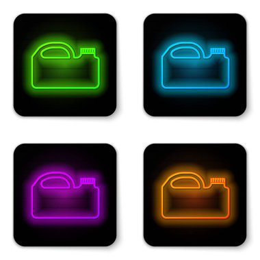 Beyaz arka planda izole edilmiş motor makine yağı ikonu için parlayan neon hattı plastik kutu. Benzin bidonu. Yağ değiştirme ve onarım servisi. Siyah kare düğme. Vektör İllüstrasyonu