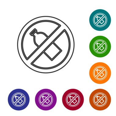 Gri çizgi. Beyaz arka planda plastik şişe simgesi yok. Simgeleri renk daire düğmelerine ayarla. Vektör İllüstrasyonu