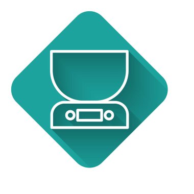 Beyaz çizgi Elektronik ölçekli simge uzun gölgeli izole edilmiş. Ağırlık ölçüm aletleri. Yeşil kare düğmesi. Vektör İllüstrasyonu