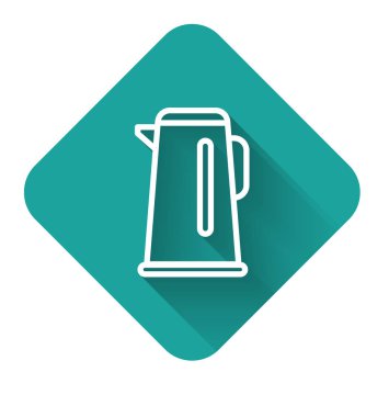 White line Kettle with handle icon isolated with long shadow. Teapot icon. Green square button. Vector Illustration