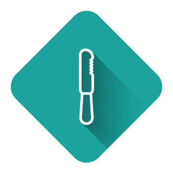 Tek kullanımlık beyaz çizgi, uzun gölgeli plastik bıçak ikonu. Yeşil kare düğmesi. Vektör İllüstrasyonu