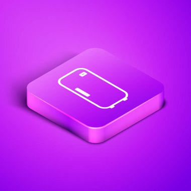 Isometric Line Buzdolabı simgesi mor arkaplanda izole edildi. Buzdolabı buzdolabı. Ev aletleri ve aletler. Mor kare düğme. Vektör İllüstrasyonu