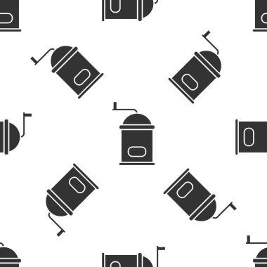 Gri manuel kahve öğütücü ikonu beyaz arka planda kusursuz desen izole etti. Vektör İllüstrasyonu