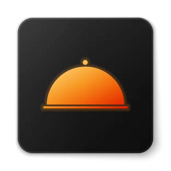 橙色发光的霓虹灯盖住了一个托盘食物图标隔离在白色背景 托盘和盖子 有盖子的餐厅面团 厨具符号 黑色方块按钮 病媒图解 — 图库矢量图片