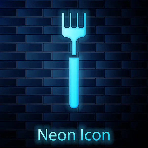 Glödande Neon Gaffel Ikon Isolerad Tegel Vägg Bakgrund Bestick Symbol — Stock vektor