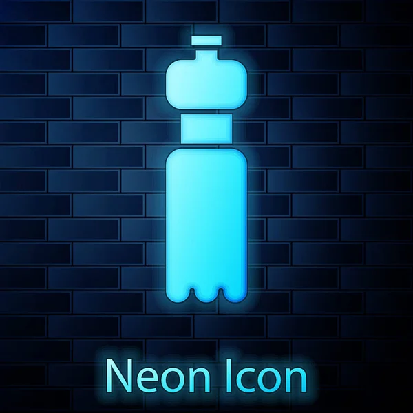 Zářící Neon Láhev Vody Ikona Izolované Pozadí Cihlové Zdi Nápis — Stockový vektor