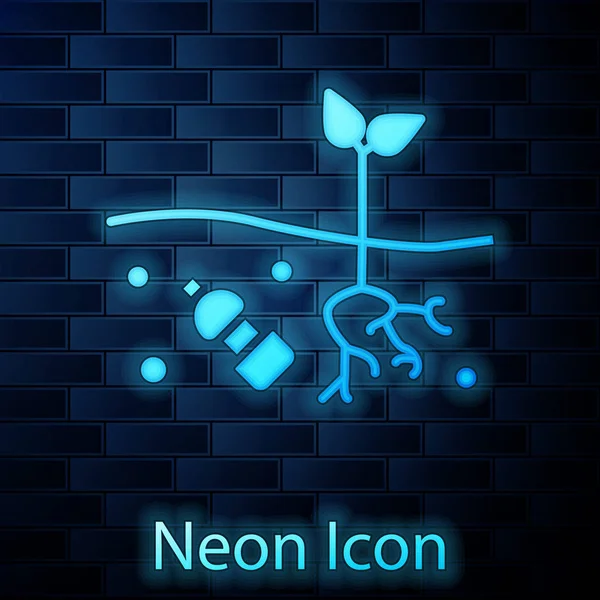 Zářící Neon Problém Znečištění Ikony Planety Izolované Pozadí Cihlové Zdi — Stockový vektor