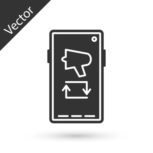 Grau breitete sich aus, Megafon auf Handy-Symbol isoliert auf weißem Hintergrund. Vektorillustration — Stockvektor