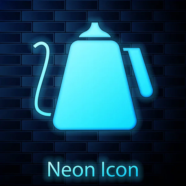 Leuchtende Neon Wasserkocher Mit Griff Symbol Isoliert Auf Backsteinwand Hintergrund — Stockvektor