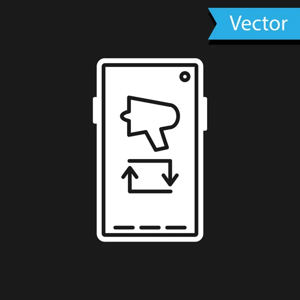 Blanco Corre la voz, megáfono en el icono del teléfono móvil aislado en el fondo negro. Ilustración vectorial — Vector de stock