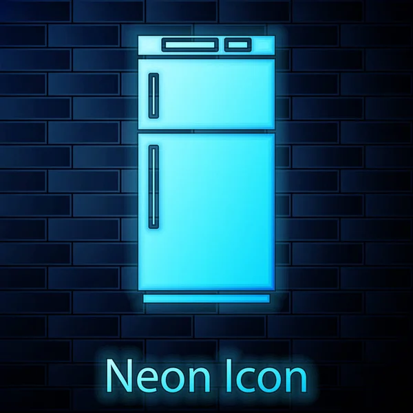 Glowing Neon Refrigerator Icon Isolated Brick Wall Background Fridge Freezer — Stock Vector