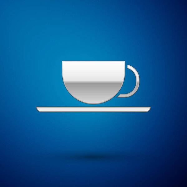 Silver Coffee cup icon isolated on blue background. Tea cup. Hot drink coffee.  Vector Illustration