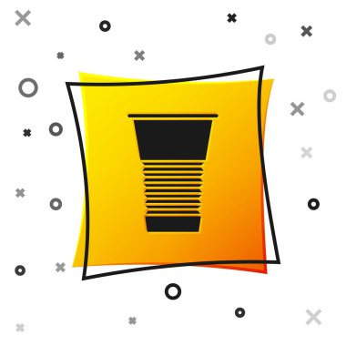 Black Paper glass icon isolated on white background. Soda drink glass. Fresh cold beverage symbol. Yellow square button. Vector Illustration