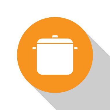 Beyaz Pişirme pot simgesi beyaz arka plan üzerinde izole. Kaynatın veya güveç gıda sembolü. Turuncu daire düğmesi. Vektör İllüstrasyonu