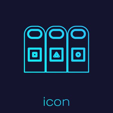 Turquoise line Trash in garbage cans with sorted garbage icon isolated on blue background. Recycle basket icon.  Vector Illustration