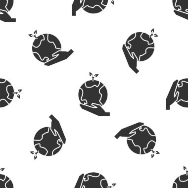 Dünya 'nın simgesini tutan gri insan elleri beyaz arka planda izole edilmiş pürüzsüz desen. Dünya kavramını sakla. Vektör İllüstrasyonu