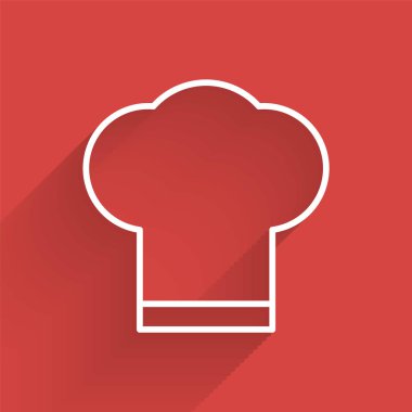 Beyaz çizgi Chef şapka simgesi uzun gölge ile izole. Pişirme sembolü. Aşçı şapkası. Vektör İllüstrasyonu