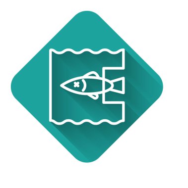 White line Stop ocean plastic pollution icon isolated with long shadow. Environment protection concept. Fish say no to plastic. Green square button. Vector Illustration