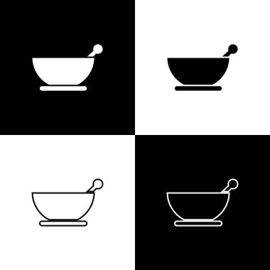 Havan topu ve tokmak simgesini siyah ve beyaz arkaplanda izole et. Vektör İllüstrasyonu