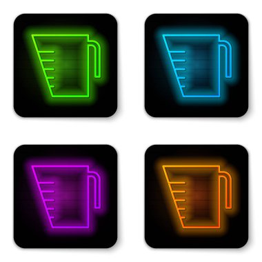 Beyaz zemin üzerinde izole edilmiş kuru ve sıvı yiyecek ikonunu ölçmek için parlayan neon çizgisi ölçme kabı. Plastik şişenin sapı var. Siyah kare düğme. Vektör İllüstrasyonu