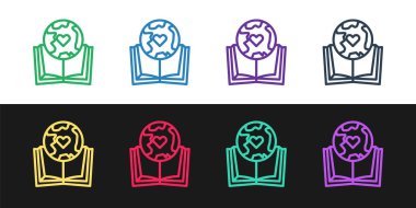 Siyah ve beyaz arka planda izole edilmiş çizgi Dünya küresi ve kitap ikonu. Dünya ya da Dünya işareti. Küresel internet sembolü. Geometrik şekiller. Vektör İllüstrasyonu