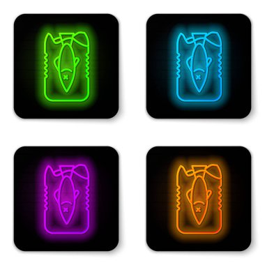 Parlayan neon hattı beyaz arkaplanda izole edilmiş okyanus plastik kirliliğini durdur. Çevre koruma kavramı. Balıklar plastiğe hayır der. Siyah kare düğme. Vektör İllüstrasyonu