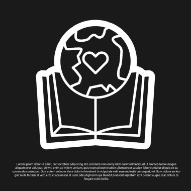 Kara Dünya küresi ve kitap ikonu siyah arka planda izole edilmiş. Dünya ya da Dünya işareti. Küresel internet sembolü. Geometrik şekiller. Vektör İllüstrasyonu