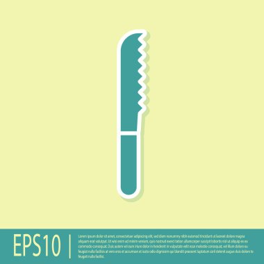 Sarı arka planda yeşil ekmek bıçağı simgesi izole edildi. Çatal bıçak sembolü. Vektör İllüstrasyonu