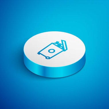 Isometric satır Çöp kutusu simgesi mavi arkaplanda izole edildi. Çöp kutusu tabelası. Sepet simgesini geri dönüştür. Ofis çöpü ikonu. Beyaz daire düğmesi. Vektör İllüstrasyonu