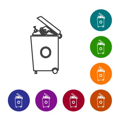 Beyaz arka planda gri çizgi çöp kutusu simgesi izole edildi. Çöp kutusu tabelası. Sepet simgesini geri dönüştür. Ofis çöpü ikonu. Simgeleri renk daire düğmelerine ayarla. Vektör İllüstrasyonu