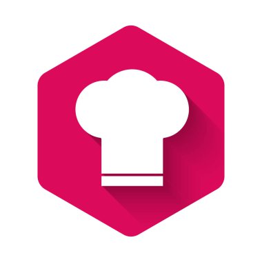 Beyaz Şef şapka simgesi uzun gölge ile izole. Pişirme sembolü. Aşçı şapkası. Pembe altıgen düğmesi. Vektör Illustration