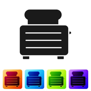 Siyah tost makinesi beyaz arka planda izole edilmiş tost simgesi. Renkli kare düğmelerle simgeleri ayarla. Vektör İllüstrasyonu