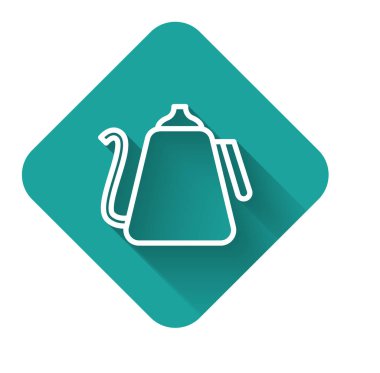 White line Kettle with handle icon isolated with long shadow. Teapot icon. Green square button. Vector Illustration