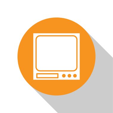 Beyaz Elektronik ölçek simgesi beyaz arkaplanda izole edildi. Ağırlık ölçüm aletleri. Turuncu daire düğmesi. Vektör İllüstrasyonu