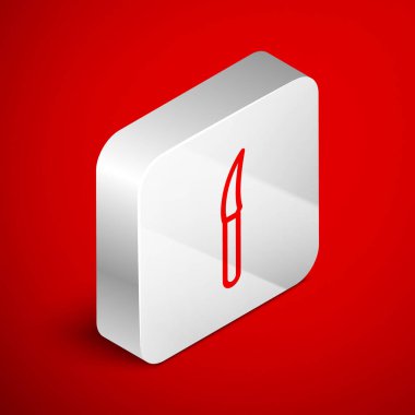 Isometric line Knife icon isolated on red background. Cutlery symbol. Silver square button. Vector Illustration