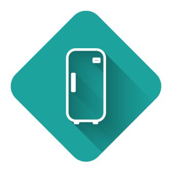 Beyaz çizgi buzdolabı ikonu uzun gölgeli. Buzdolabı buzdolabı. Ev aletleri ve aletler. Yeşil kare düğmesi. Vektör İllüstrasyonu