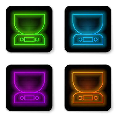 Parlayan neon hattı elektronik ölçek simgesi beyaz arkaplanda izole edildi. Ağırlık ölçüm aletleri. Siyah kare düğme. Vektör İllüstrasyonu