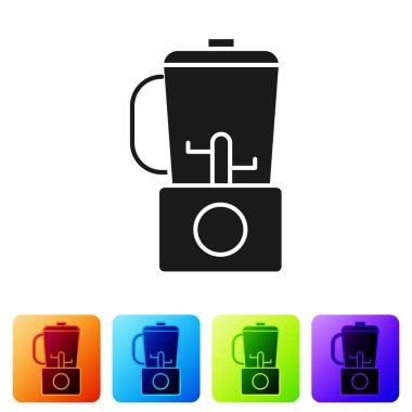 Siyah karıştırıcı simgesi beyaz arkaplanda izole edildi. Mutfak elektrikli kırıcı ve kase. Meyve suyu, kokteyl ya da meyve suyu. Renkli kare düğmelerle simgeleri ayarla. Vektör İllüstrasyonu