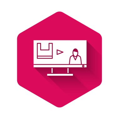 White Stop plastik kirlilik ikonu uzun gölgeli izole edilmiş. Ekolojik poster. Pembe altıgen düğmesi. Vektör İllüstrasyonu