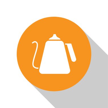 White Kettle with handle icon isolated on white background. Teapot icon. Orange circle button. Vector Illustration