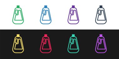 Plastik şişeyi sıvı çamaşır deterjanı, çamaşır suyu, bulaşık deterjanı için siyah ve beyaz arka planda izole edilmiş sıvı ikon olarak ayarla. Vektör İllüstrasyonu