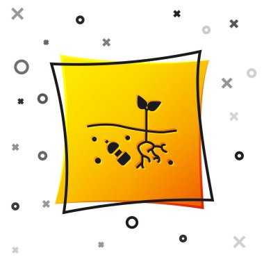 Siyah gezegendeki ikon kirliliği sorunu beyaz arka planda izole edildi. Çöpler, plastikler, gezegendeki poşetler. Sarı kare düğme. Vektör İllüstrasyonu