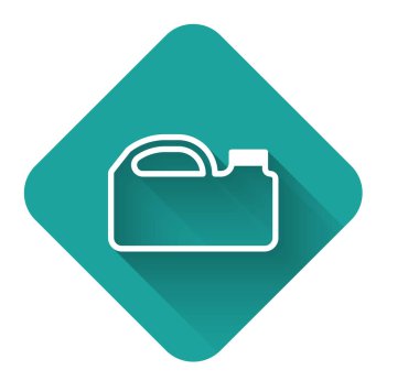 Motor makine yağı ikonu için uzun gölgeli beyaz çizgi plastik kutu. Benzin bidonu. Yağ değiştirme ve onarım servisi. Yeşil kare düğmesi. Vektör İllüstrasyonu