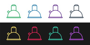 Çizgi Kettle 'ı siyah ve beyaz arkaplanda izole edilmiş tutuş simgesi ile ayarla. Çaydanlık ikonu. Vektör İllüstrasyonu