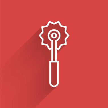 Uzun gölgeli beyaz çizgi pizza bıçağı ikonu. Pizza kesme tabelası. Çelik mutfak gereçleri. Vektör İllüstrasyonu