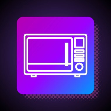 Beyaz çizgi mikrodalga fırın ikonu siyah arkaplanda izole edilmiş. Ev aletleri simgesi. Kare renk düğmesi. Vektör İllüstrasyonu