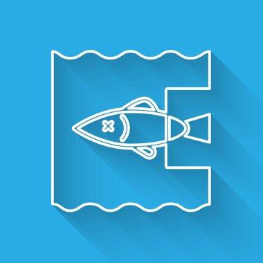 Beyaz çizgi uzun gölgeli okyanus plastik kirliliğini durdurur. Çevre koruma kavramı. Balıklar plastiğe hayır der. Vektör İllüstrasyonu