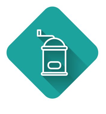 Beyaz çizgi Manuel kahve öğütücü ikonu uzun gölgeli izole edilmiş. Yeşil kare düğmesi. Vektör İllüstrasyonu