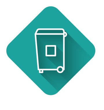 Uzun gölgeli beyaz çizgi çöp kutusu simgesi. Çöp kutusu tabelası. Sepet simgesini geri dönüştür. Ofis çöpü ikonu. Yeşil kare düğmesi. Vektör İllüstrasyonu