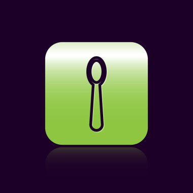 Siyah çizgi tek kullanımlık plastik kaşık simgesi siyah arkaplanda izole edilmiş. Yeşil kare düğmesi. Vektör İllüstrasyonu